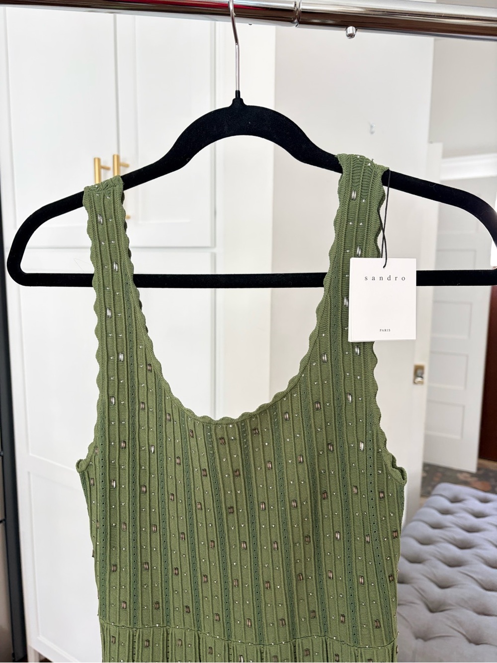NWT! Sandro Kaki Dress, Beaded Olive Green Sleeveless Knit. Size 36 (Org. $395!) - Picture 3 of 9